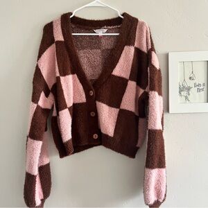 Cozy Pink and Brown Checkered Sweater